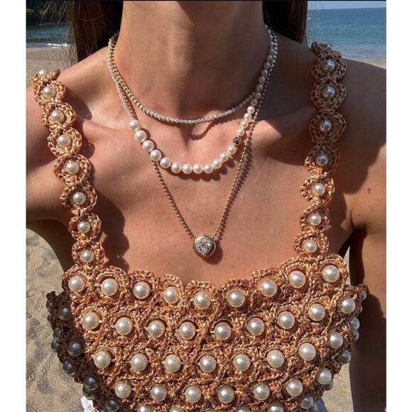 Alameda Turquesa Hana Pearl Embellished Crochet Crop Top White O/S NWT $432 - Picture 3 of 9